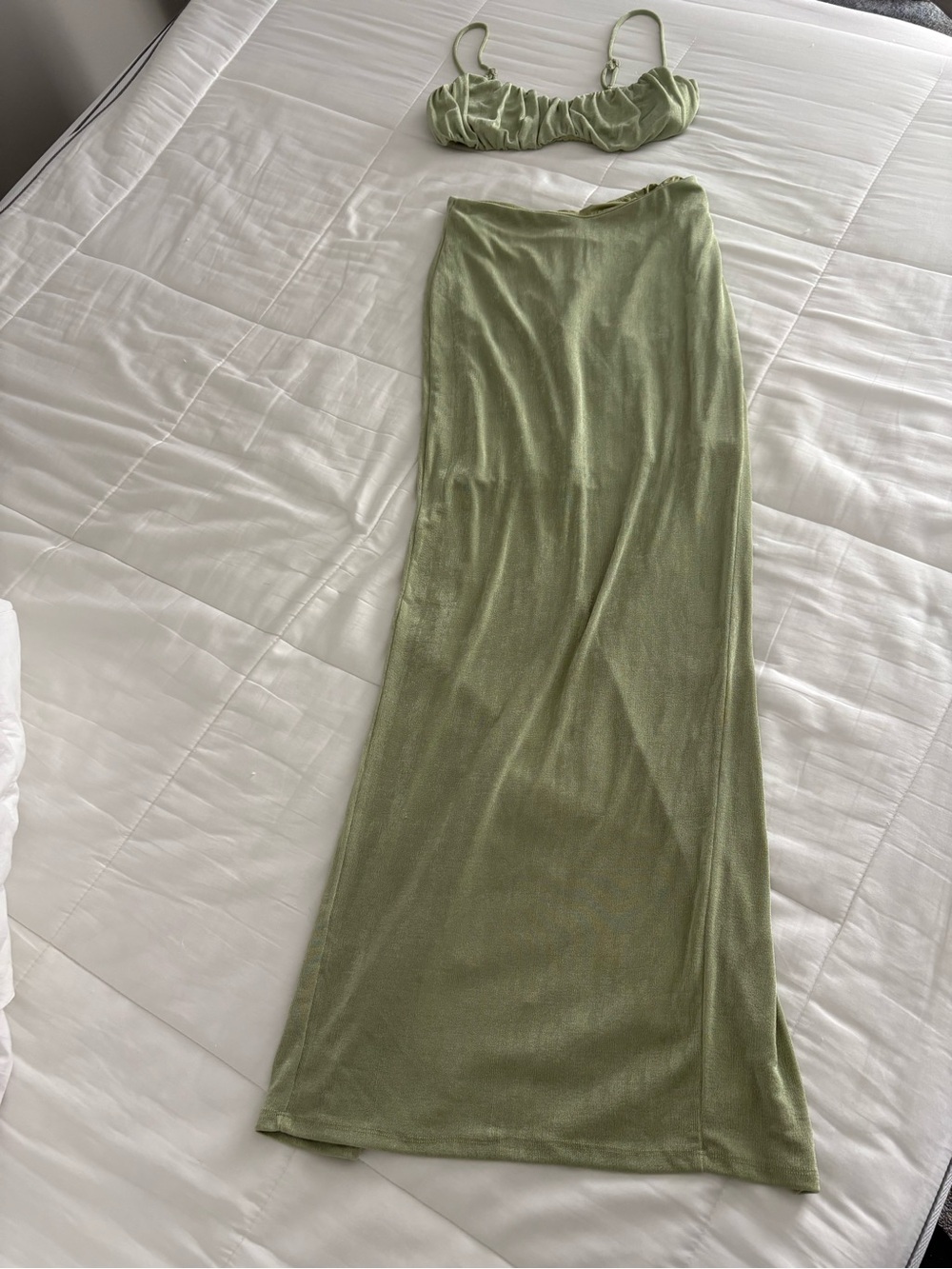 White Fox Boutique Olive Green Maxi Skirt and Bandeau Matching Set
